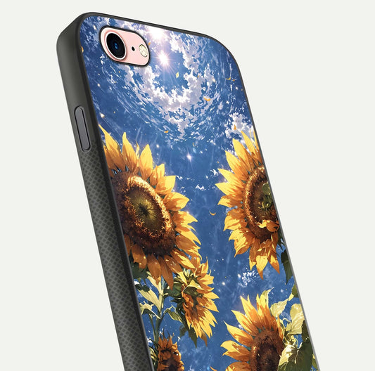 Heavenly Sunflower Rise Glass Case for iPhone 6 Plus close-up angled shot showing sunflower texture and reflection polish