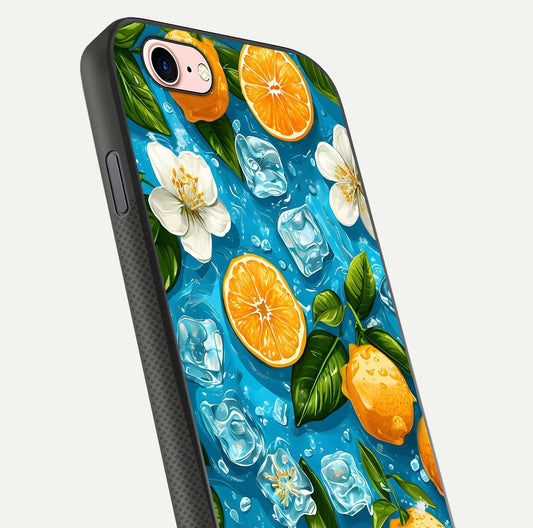 Ice Cube With Orange Glass Case for iPhone 6 Plus close-up angled shot showing orange slices and ice reflections