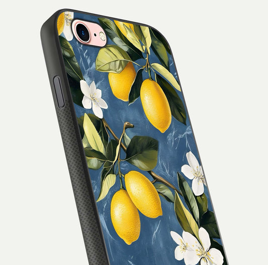 Lemon Dream Garden Glass Case for iPhone 6 Plus close-up angled shot showing fruit details and shine reflection