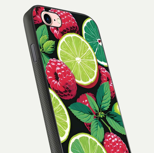 Lime and Raspberry Pattern Glass Case for iPhone 6 Plus angled close-up showing fruit texture and reflection glow