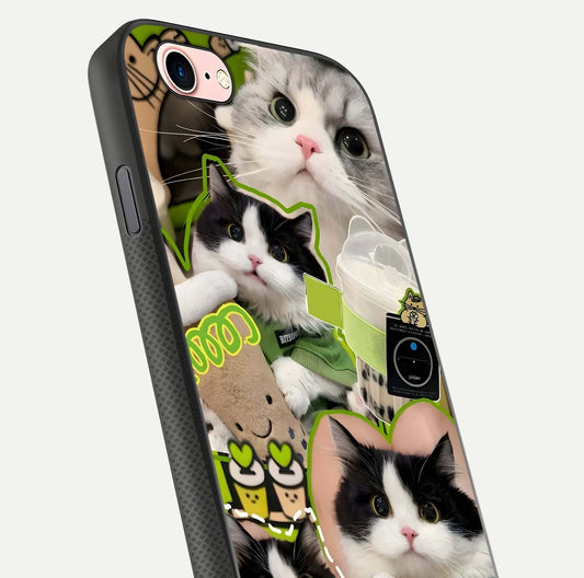 Matcha Cats Mood Glass Case for iPhone 6 Plus close-up angled shot showing adorable cat art and reflection detail