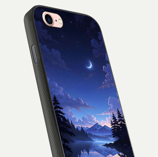 Midnight Lake Peace Glass Case for iPhone 6 Plus close-up angled shot showing blue night tones and reflection