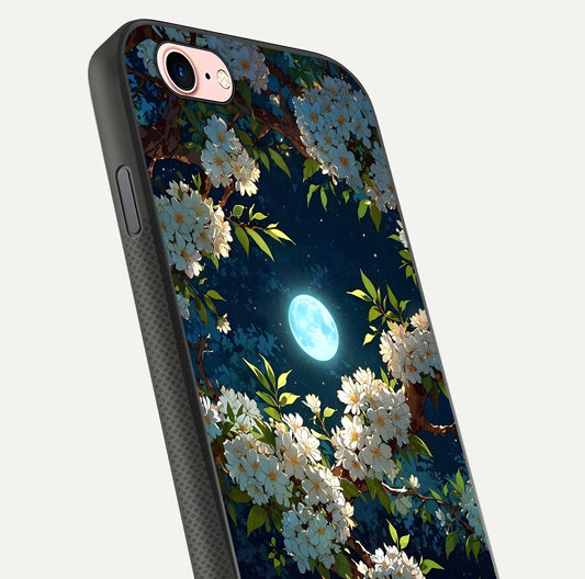 Moonlit Blossom Dream Glass Case for iPhone 6 Plus close-up angled shot showing glowing petals and reflection
