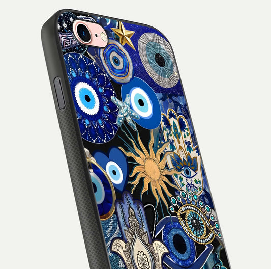 Mystic Blue Evil Eye Glass Case for iPhone 6 Plus close-up angled shot highlighting mystical glow and HD reflection