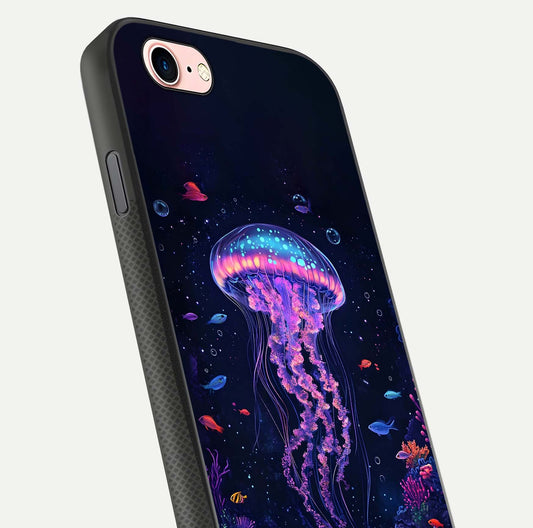 Neon Jellyfish Glass Case for iPhone 6 Plus close-up angled shot showing translucent jellyfish and shine reflection