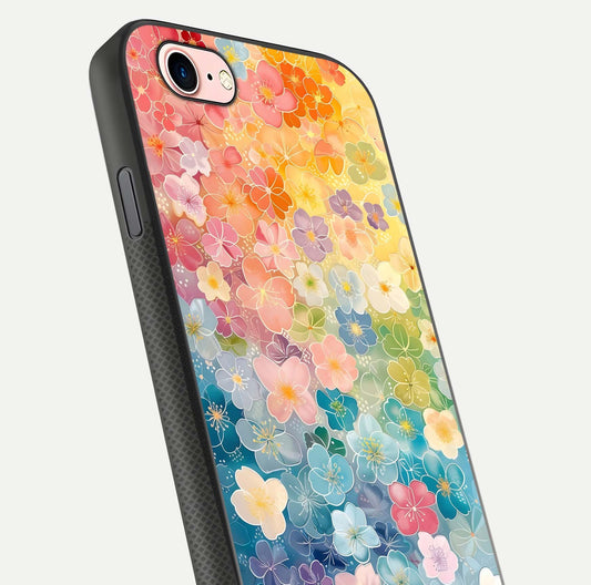 Rainbow Blossom Burst Glass Case for iPhone 6 Plus close-up angled shot showing petal colors and reflection