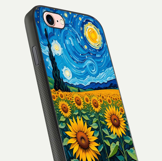 Starry Sunflower Dreams Glass Case for iPhone 6 Plus close-up angled shot highlighting petal texture and gloss