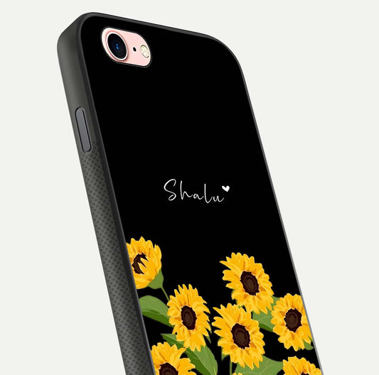 Sunflower Chic Mood Custom Name Glass Case for iPhone 6 Plus close-up angled shot showing HD sunflower pattern