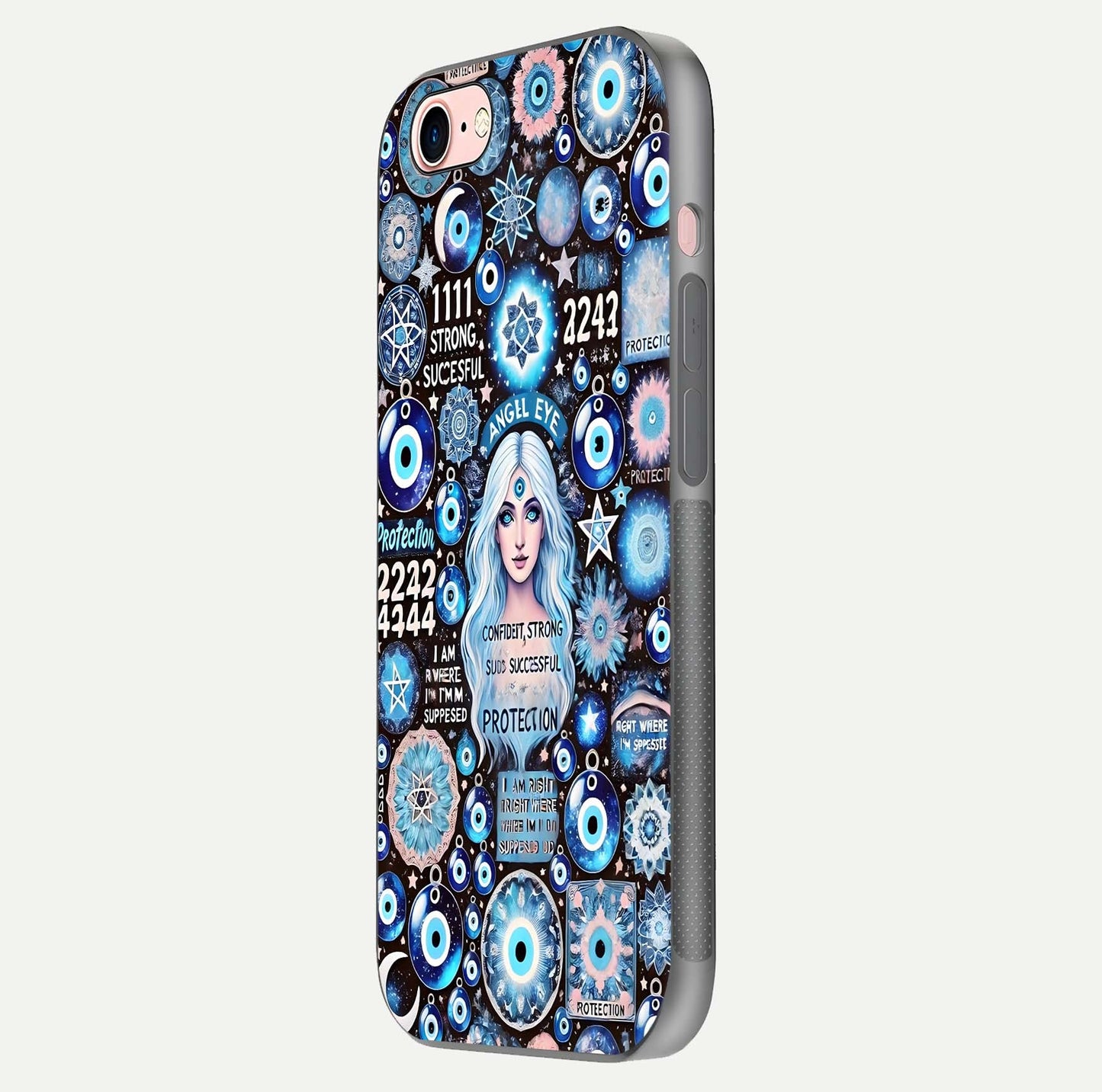 Angel Aura Shield Glass Case for iPhone 16 Pro side-angle photo showcasing aura details and glossy surface reflection