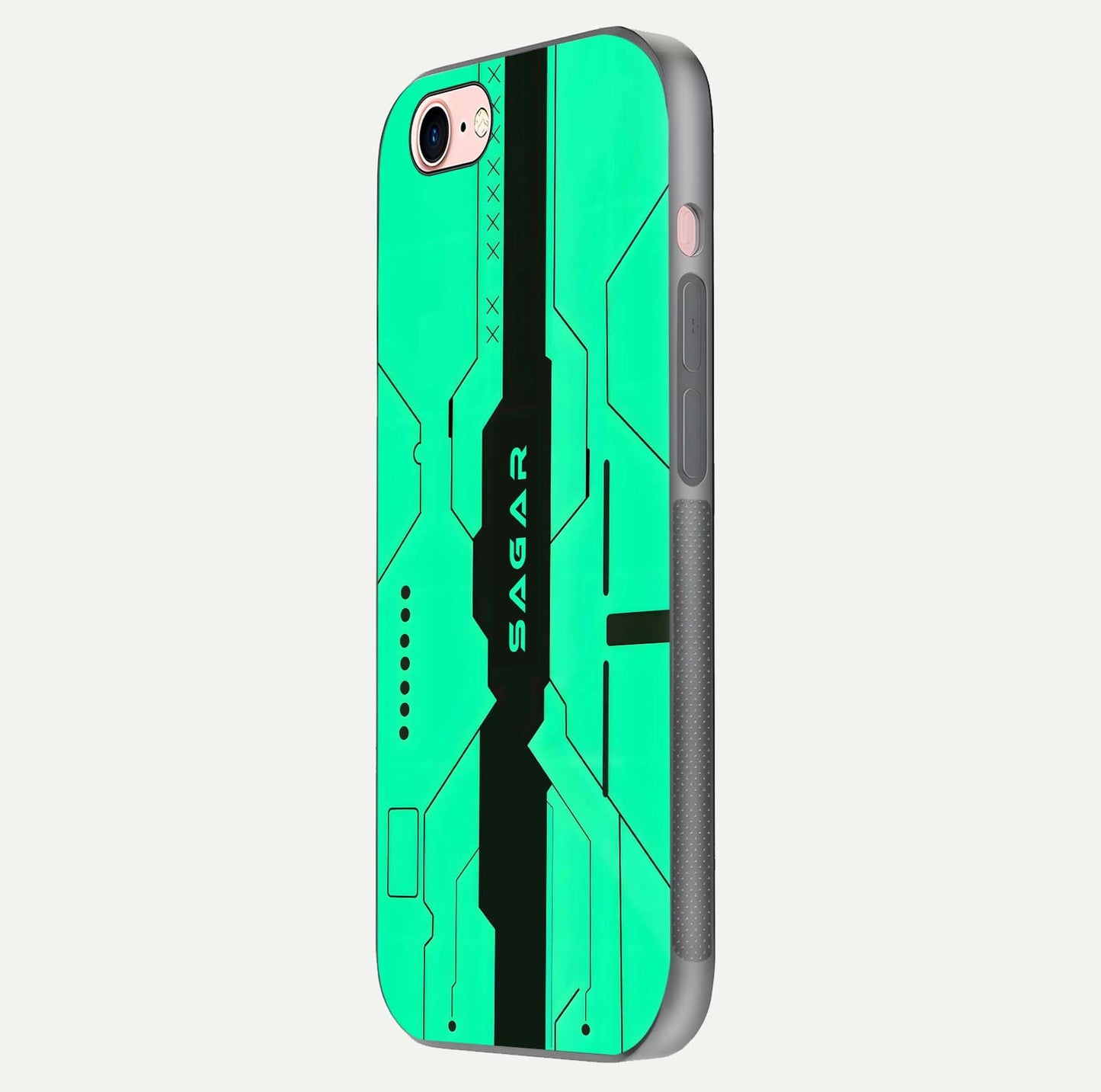 Aqua Tech CYBERPUNK Custom Name Glass Case for iPhone 16 Pro side-angle image with glowing edges and glossy surface