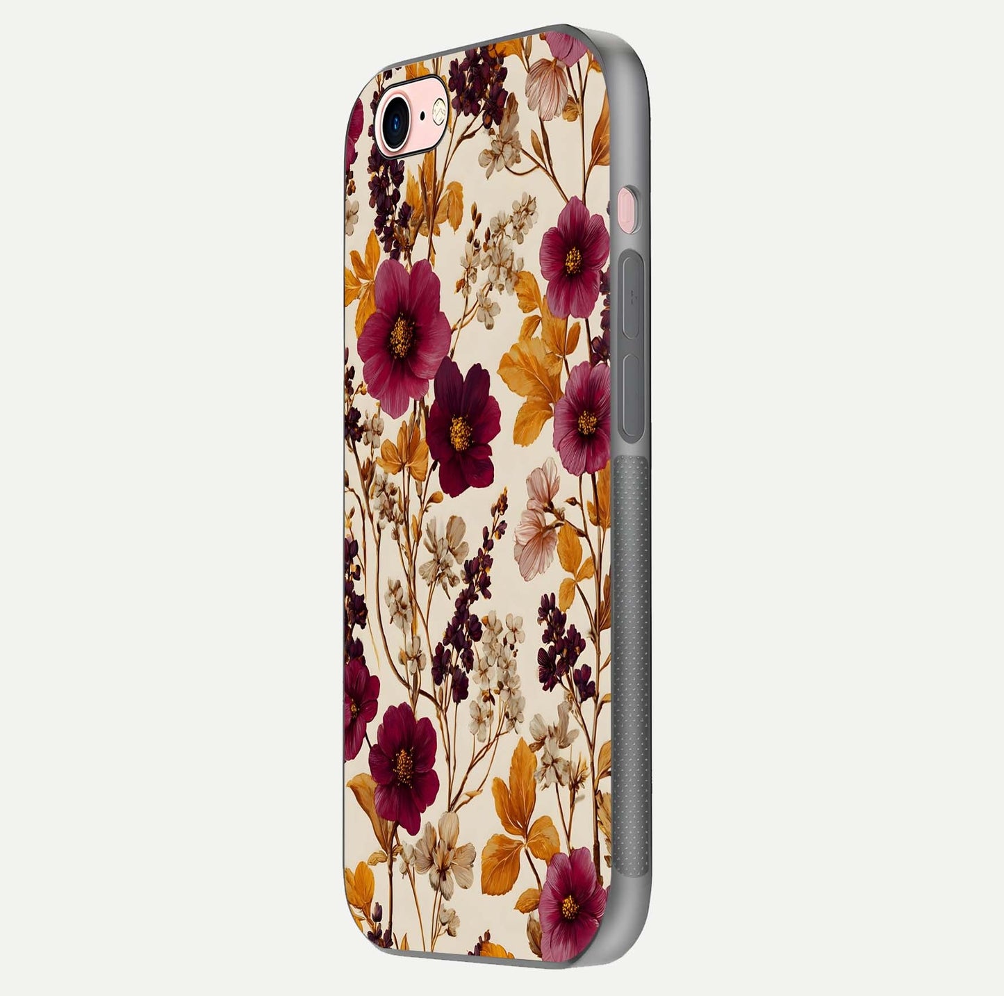 Autumn Wine Bloom Glass Case for iPhone 16 Pro side-angle showcasing floral design, texture gloss, and camera frame