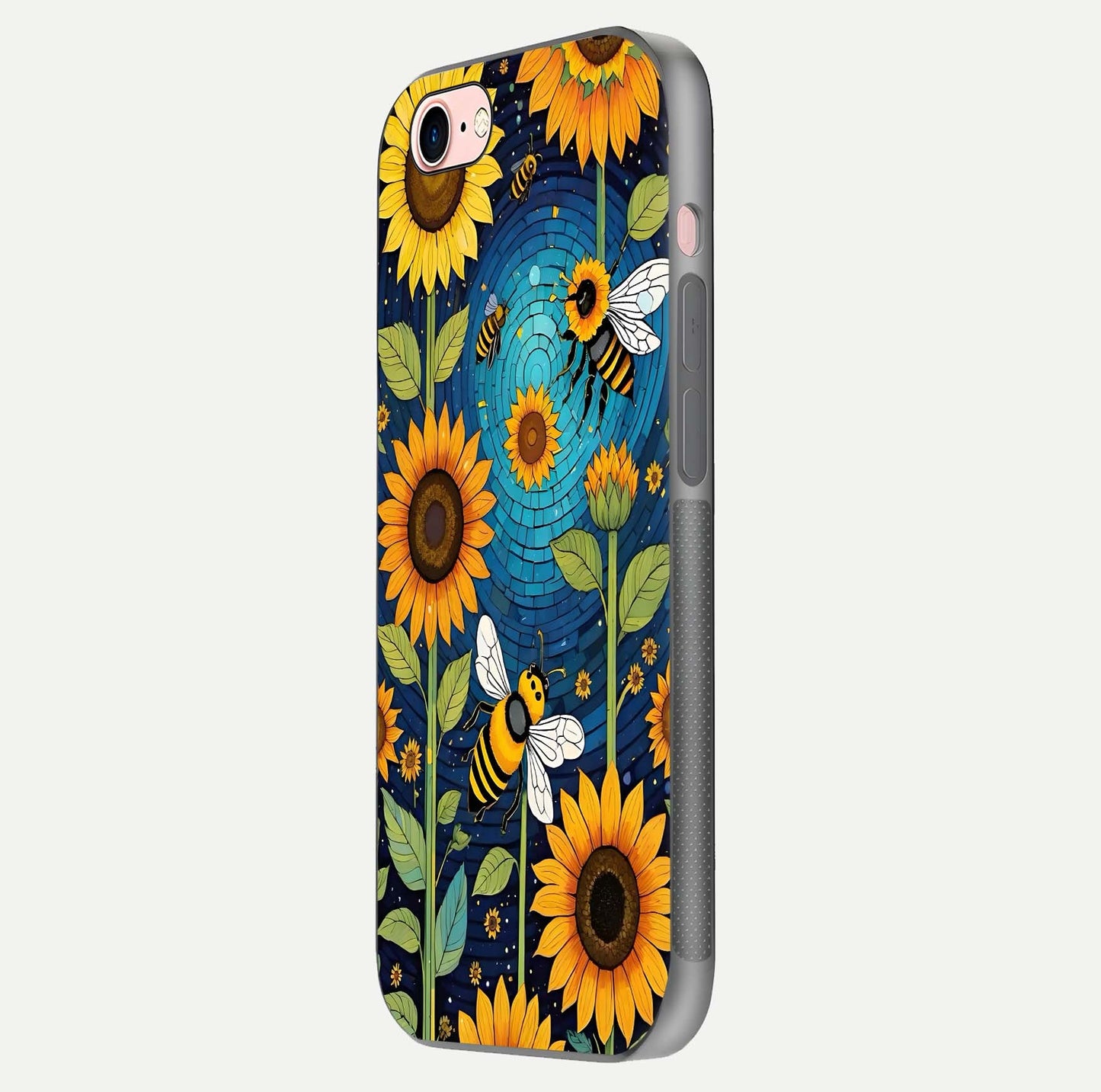 Bees & Sunflowers Glass Case for iPhone 16 Pro side-angle image showing bee pattern alignment and shiny protective surface