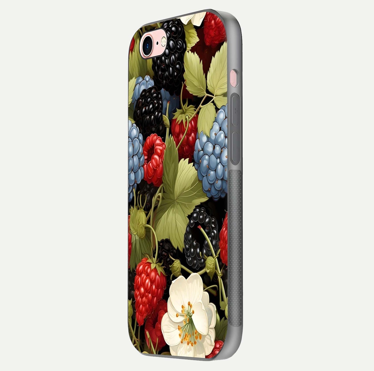 Berry Bloom Charm Glass Case for iPhone 16 Pro side-angle image showing floral texture and high-definition print gloss