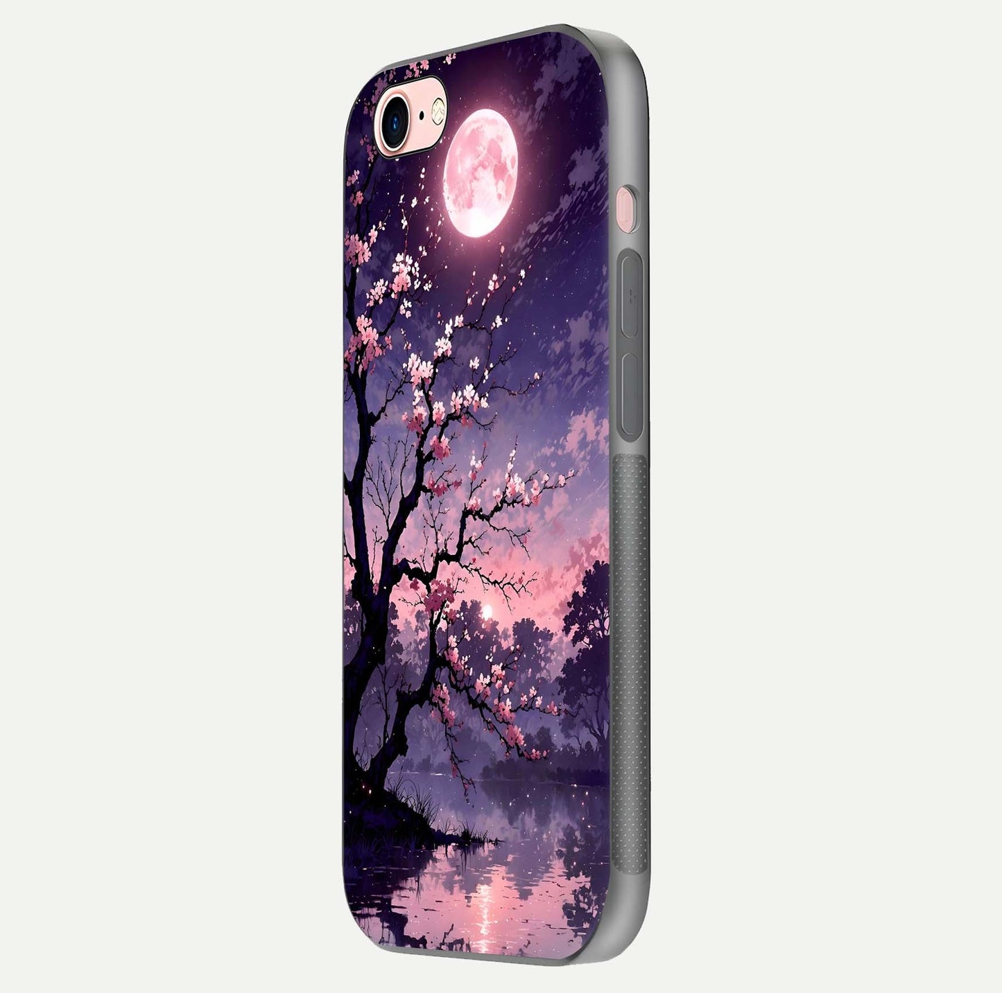 Blossom Pink Moon Glass Case for iPhone 16 Pro side-angle image showing glossy curve and floral-moon balance