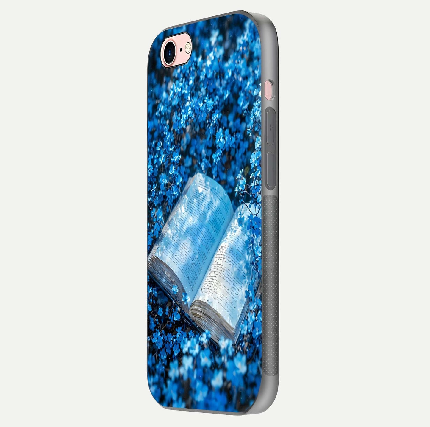 Blue Bloom Tales Glass Case for iPhone 16 Pro side-angle image showing blue floral pattern and glossy finish