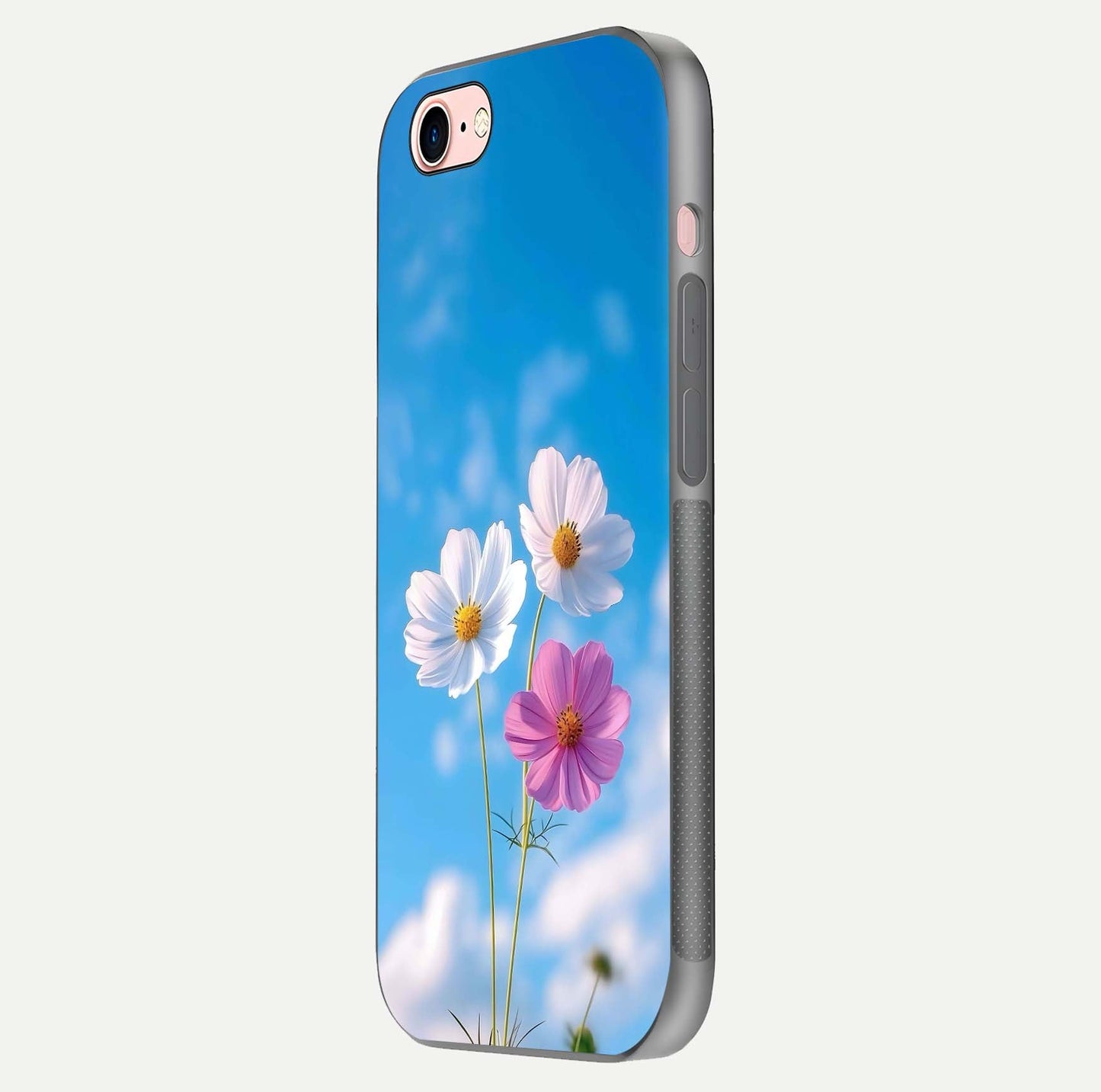 Triple Flowers With Sky Glass Case for iPhone 16 Pro side-angle image showing gloss, texture, and floral design