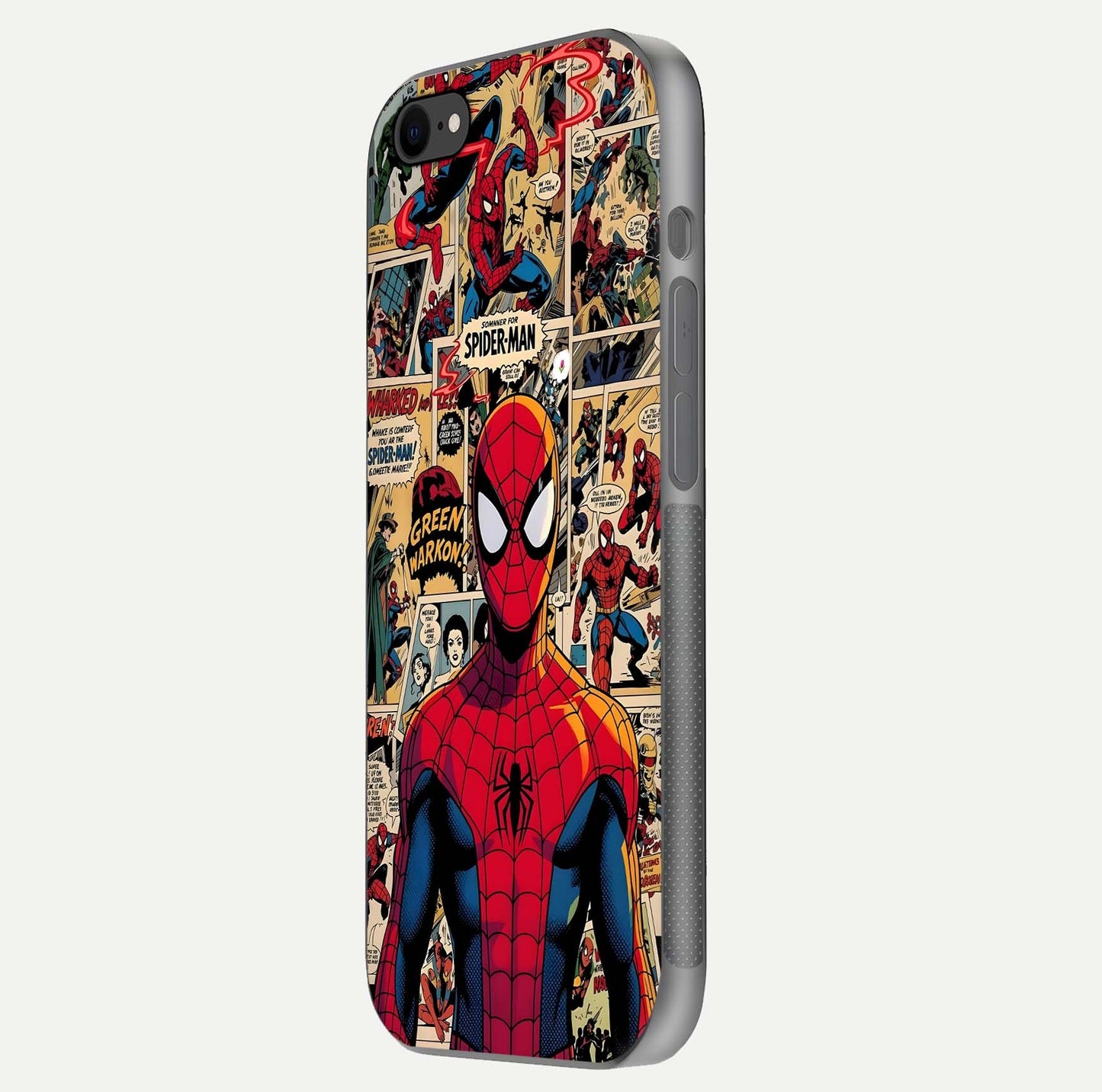 Aesthetic Spider Man Glass Case for iPhone 7 side-angle image showing superhero comic print, camera module, and glossy finish reflection