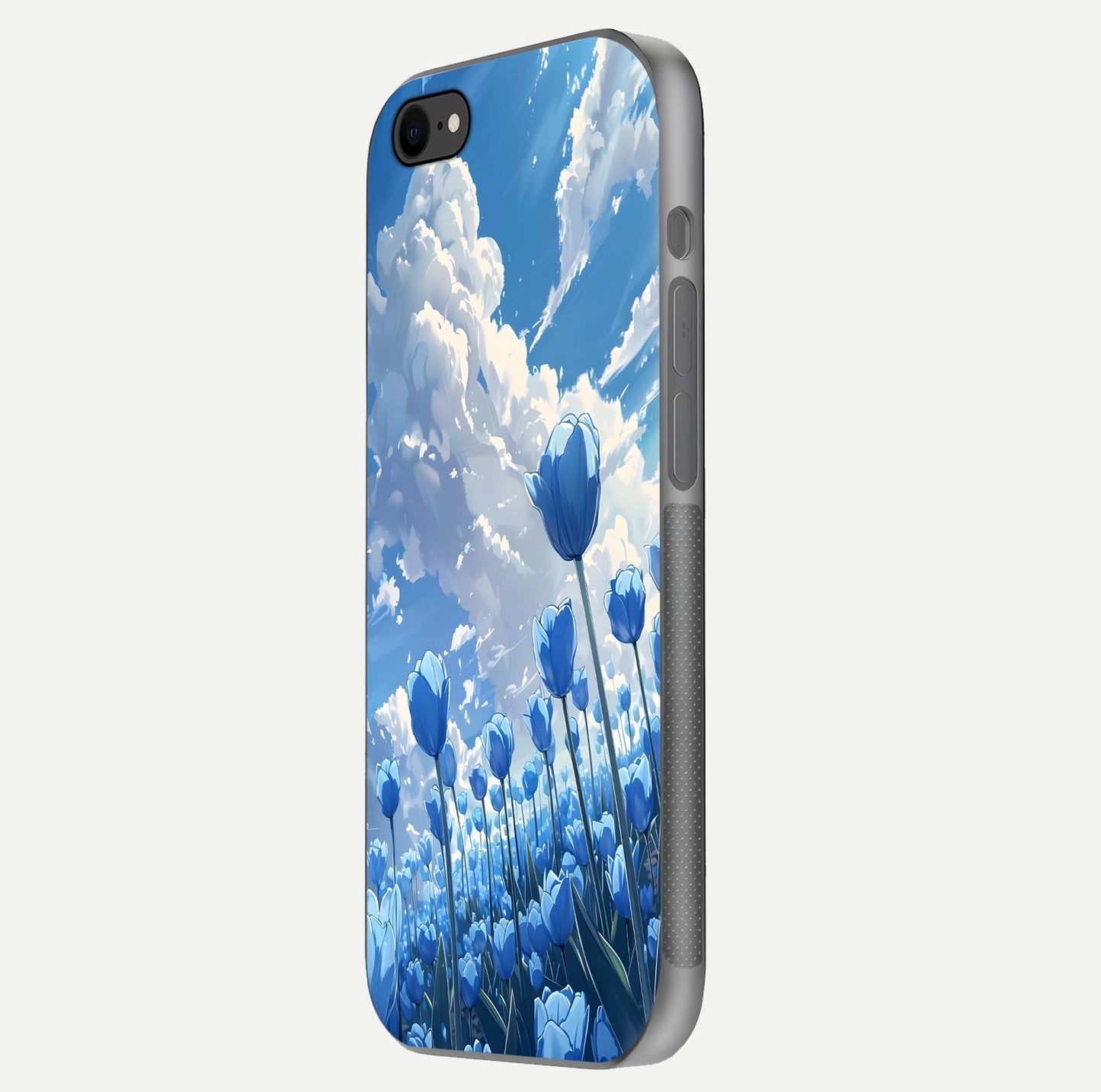 Blue Tulip Clouds Glass Case for iPhone 7 side-angle image showing edge curve and flower reflection glow