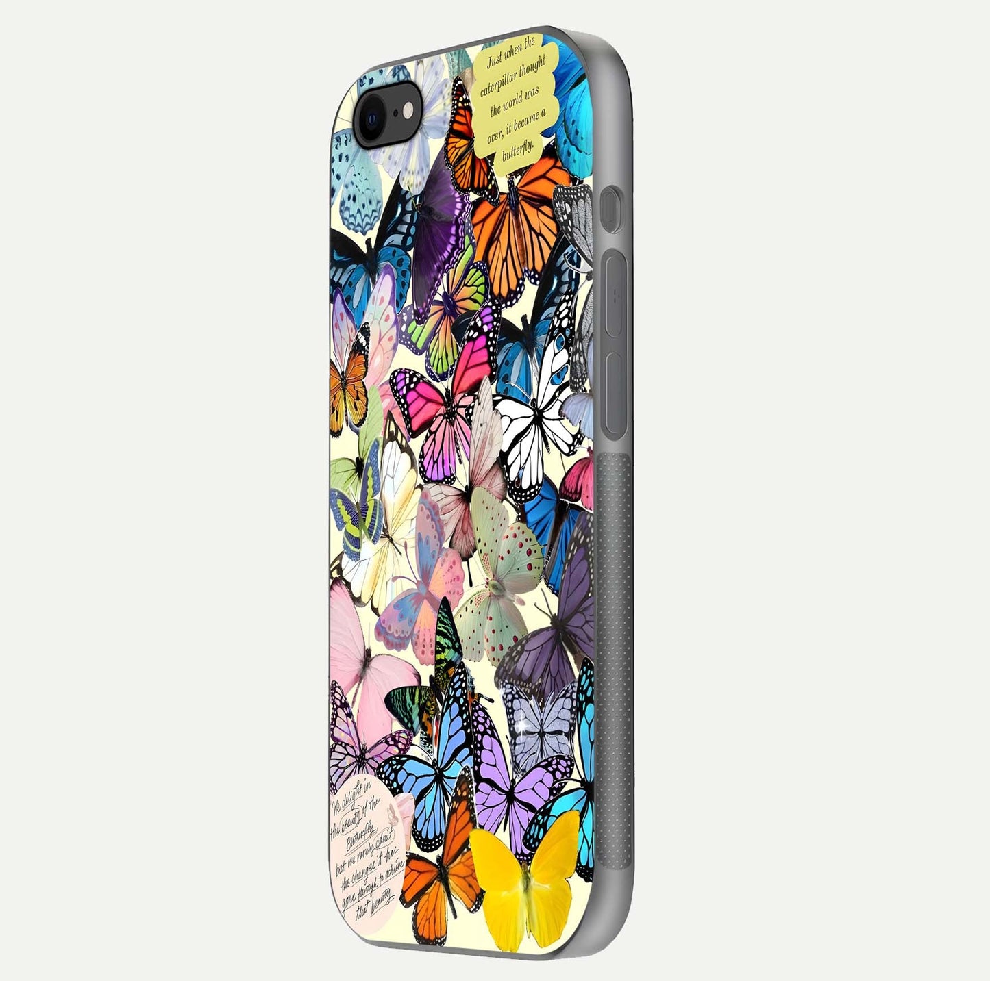 Butterflies Petal Dream Glass Case for iPhone 7 side-angle shot showing butterfly motion and curved edges