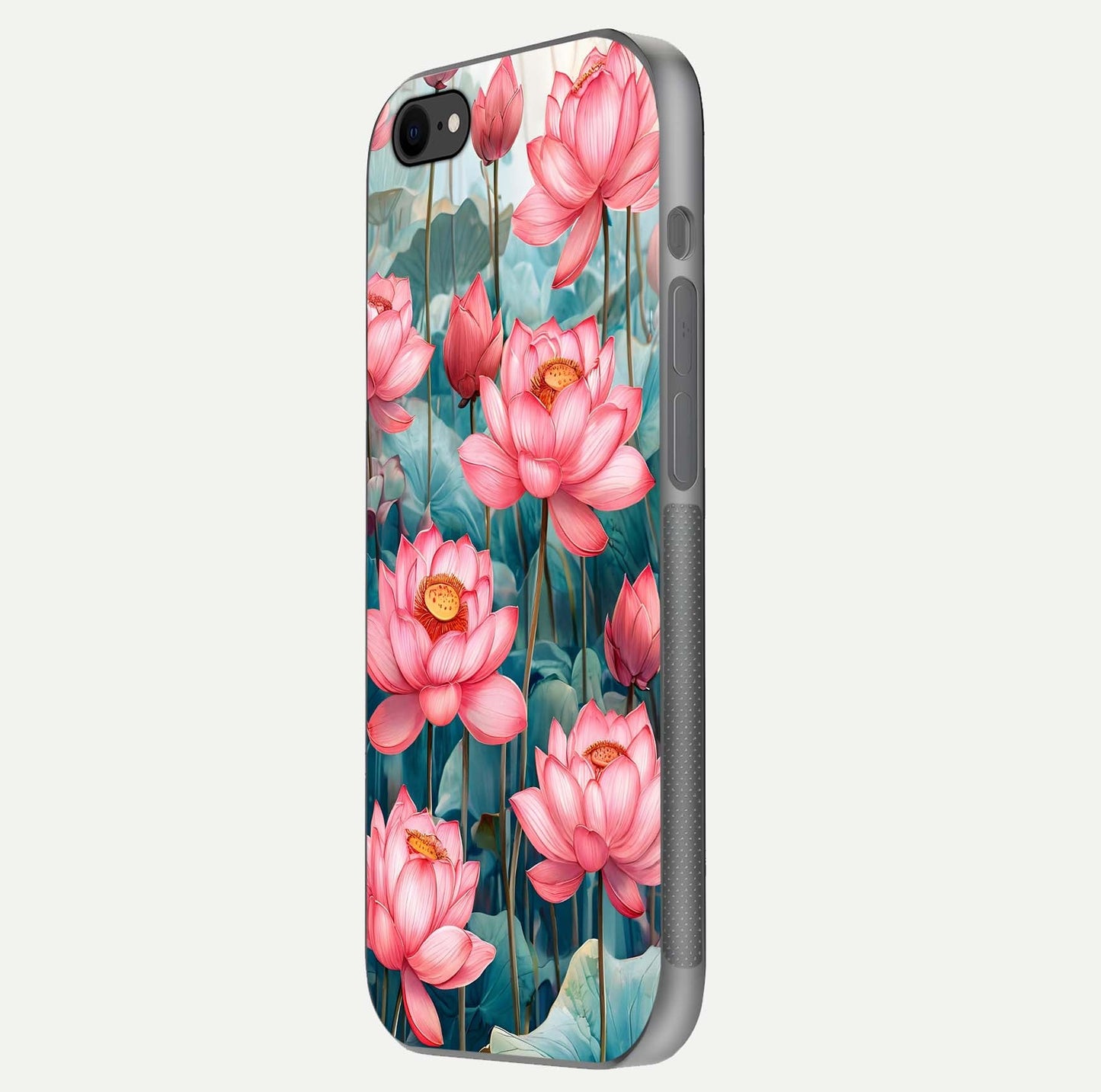 Celestial Pink Lotus Glass Case for iPhone 7 side-angle image showing reflective shine and petal curve