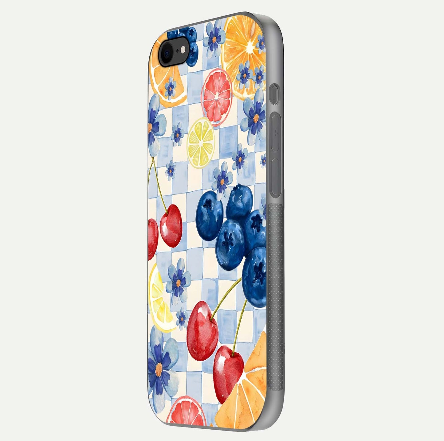 Citrus Bloom Joy Glass Case for iPhone 7 side-angle photo capturing bright color and glass reflection
