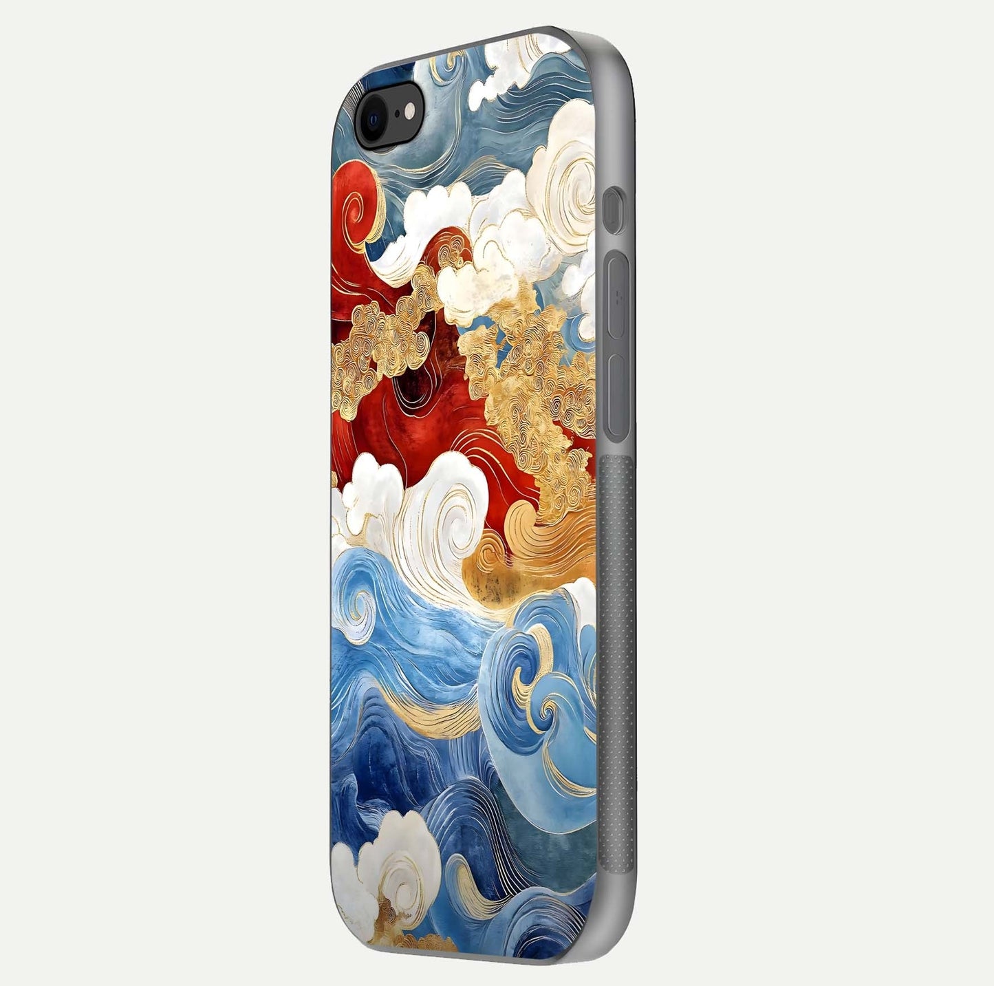 Colored Waves Glass Case for iPhone 7 side-angle image showing light reflection, edge design, and shine