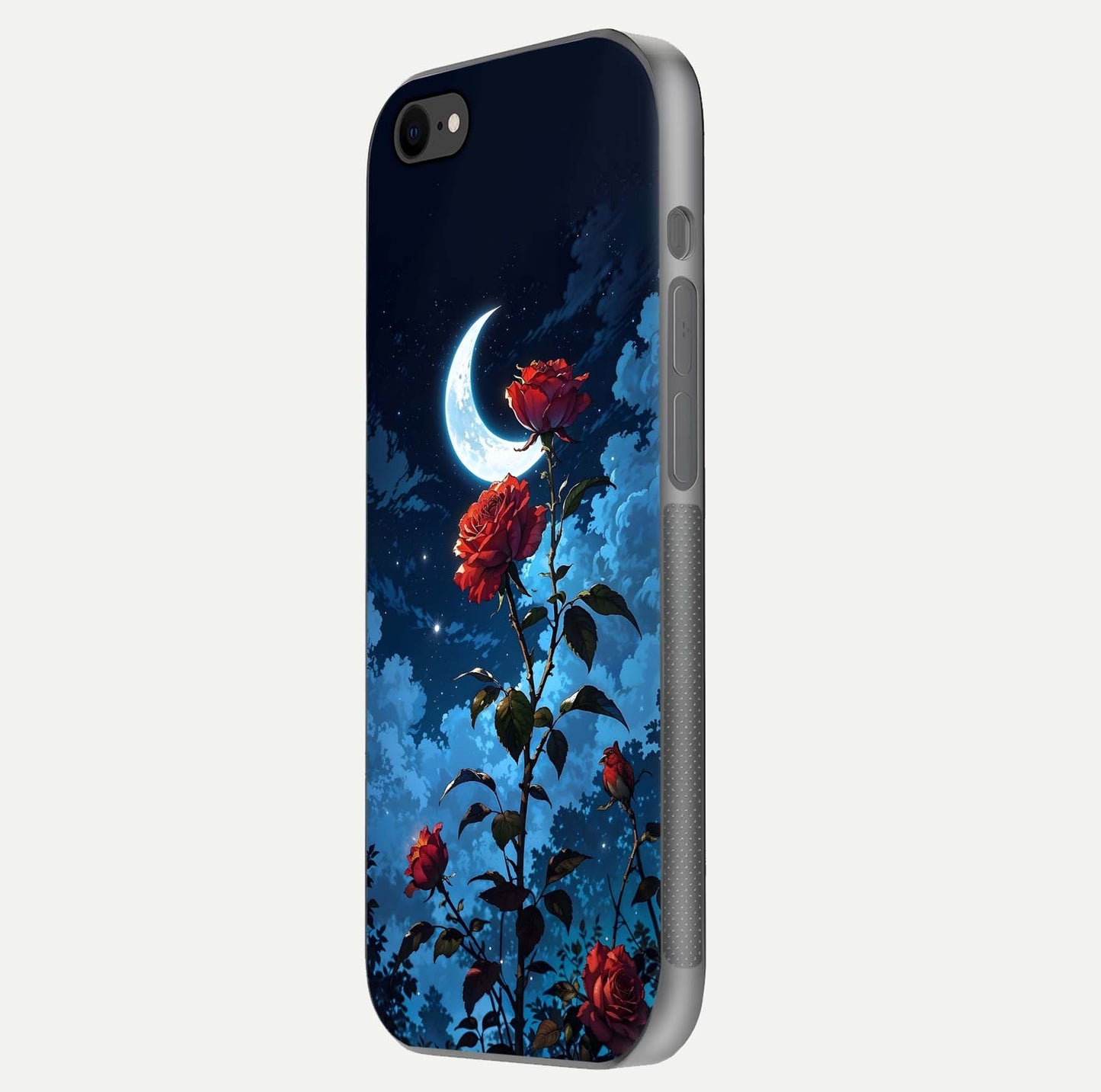 Crimson Rose Moon Glass Case for iPhone 7 side-angle photo showing reflective texture and smooth curve