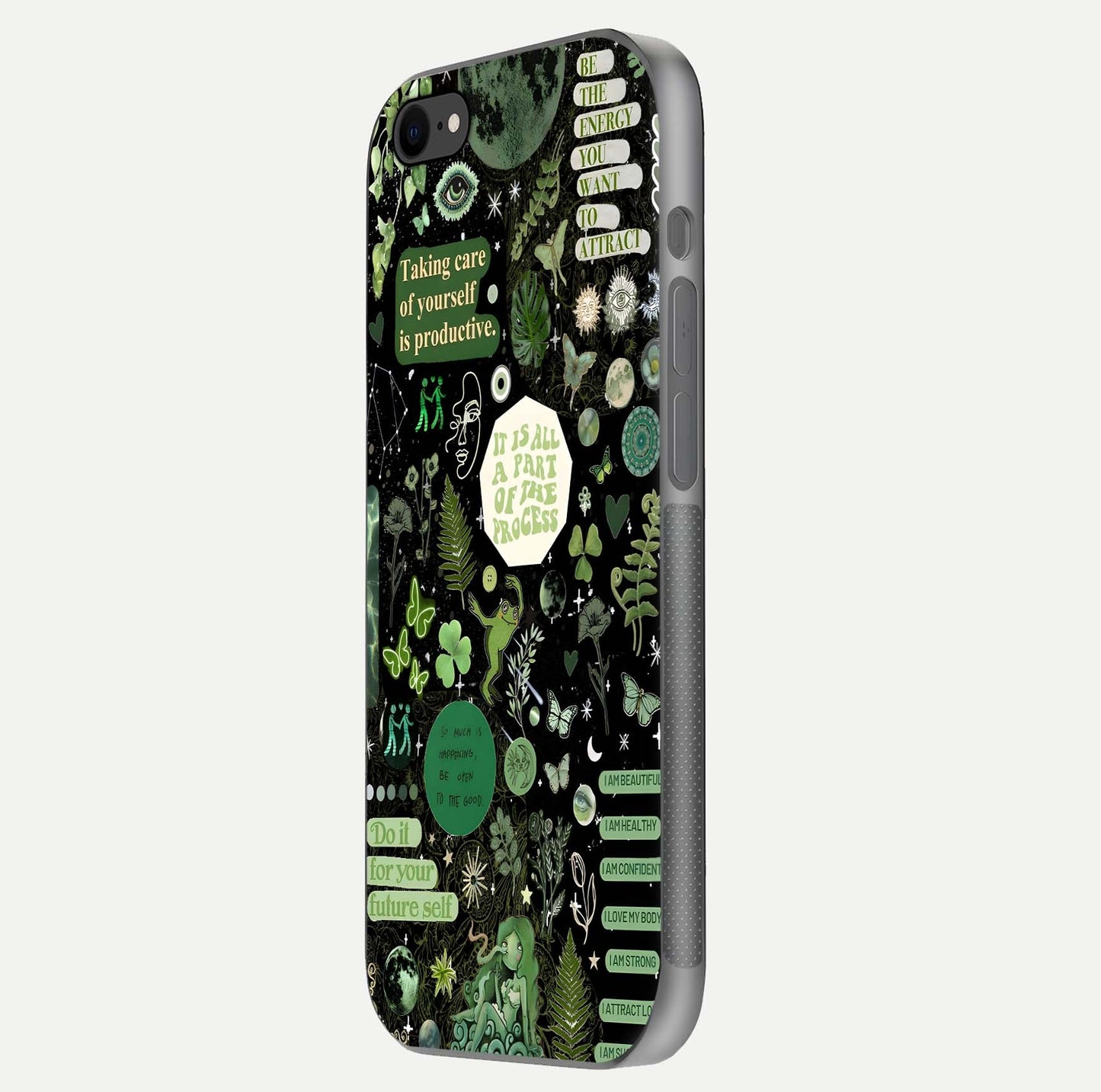 Green Moon Energy Glass Case for iPhone 7 side-angle image showing reflection brilliance and curved finish