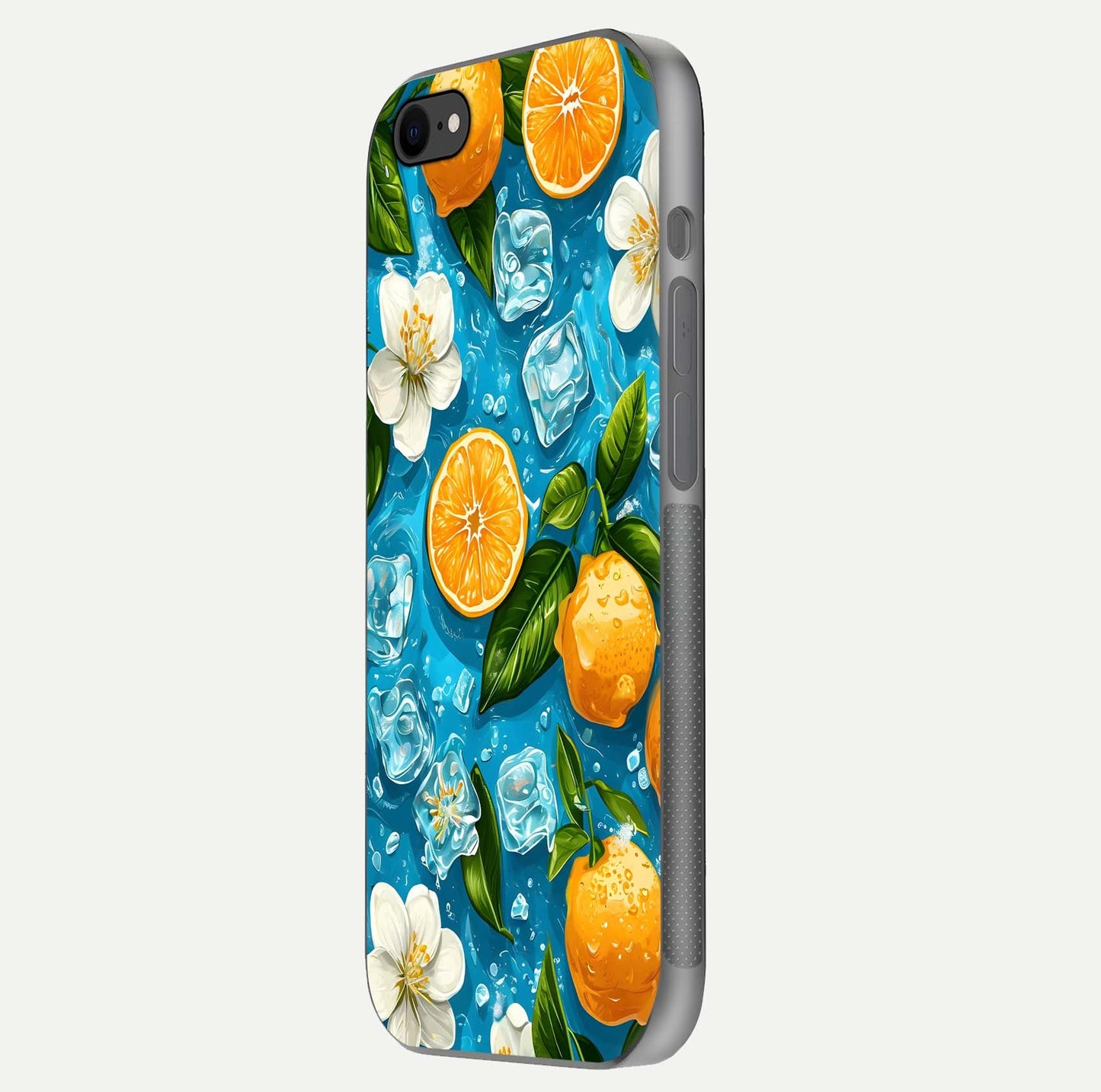 Ice Cube With Orange Glass Case for iPhone 7 side-angle image showing reflection brightness and juicy pattern detail