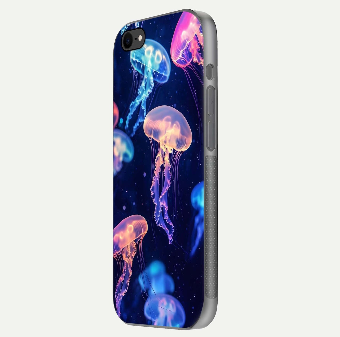 Jellyfish Pattern Glass Case for iPhone 7 side-angle image showing reflection glow and soft water-blue gradient