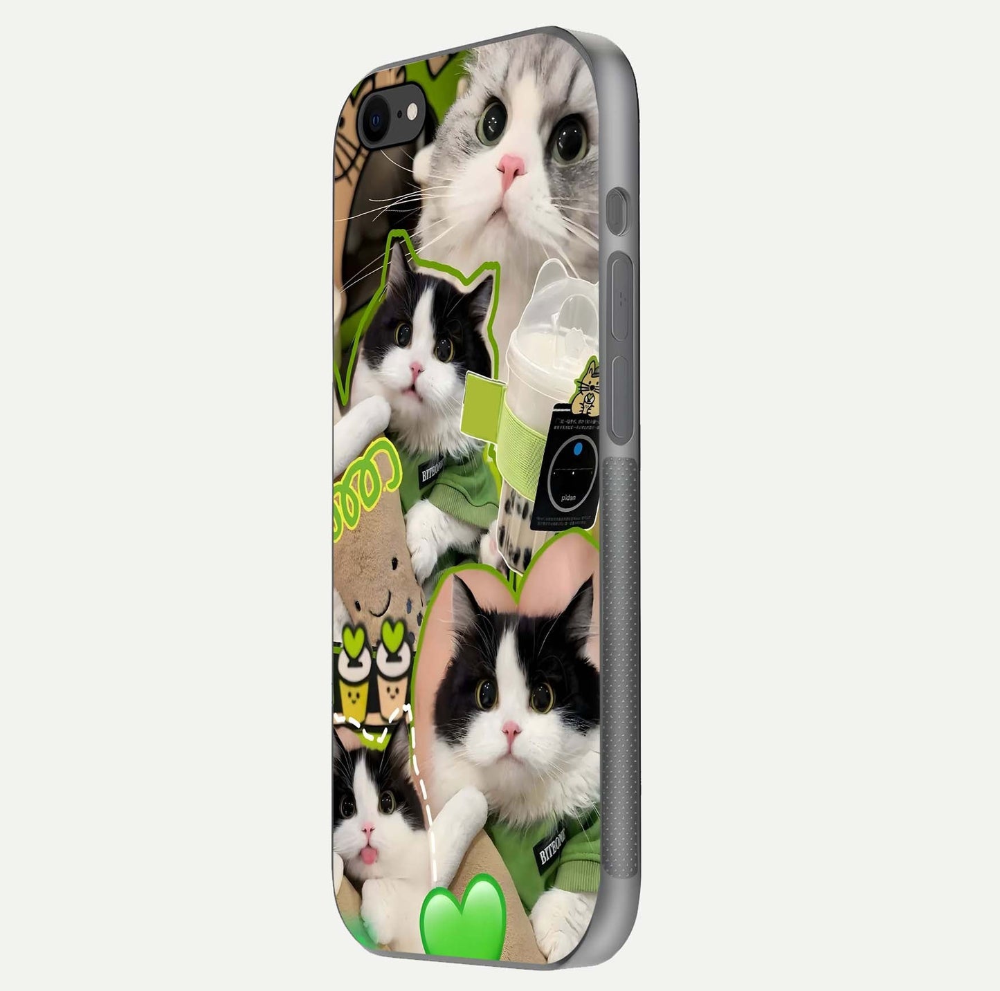 Matcha Cats Mood Glass Case for iPhone 7 side-angle image showing shine clarity and cat pattern charm