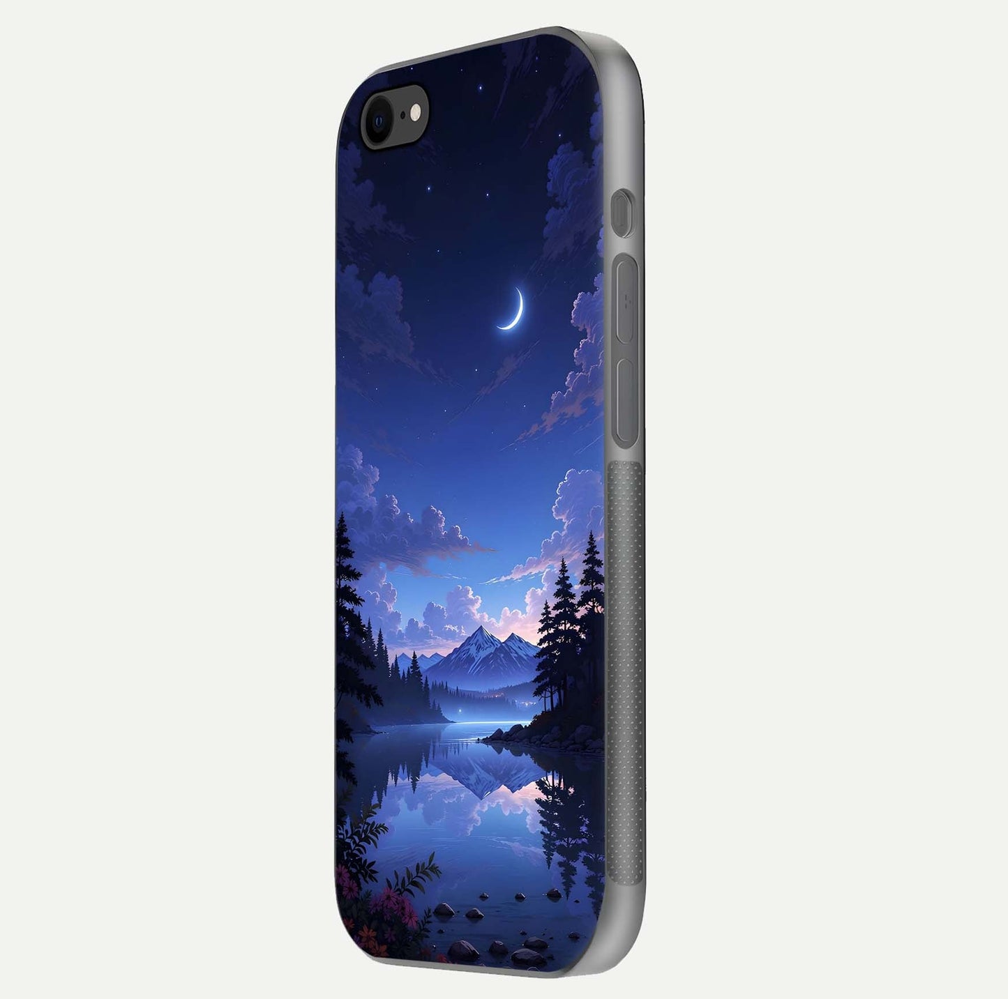 Midnight Lake Peace Glass Case for iPhone 7 side-angle image showing HD shine and tranquil color tones