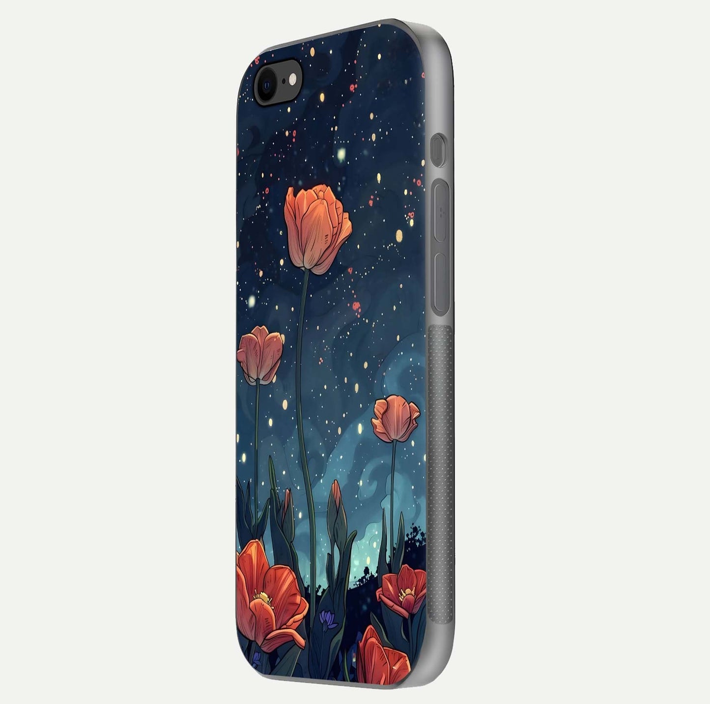 Midnight Tulip Glow Glass Case for iPhone 7 side-angle image showing shine depth and flower artwork
