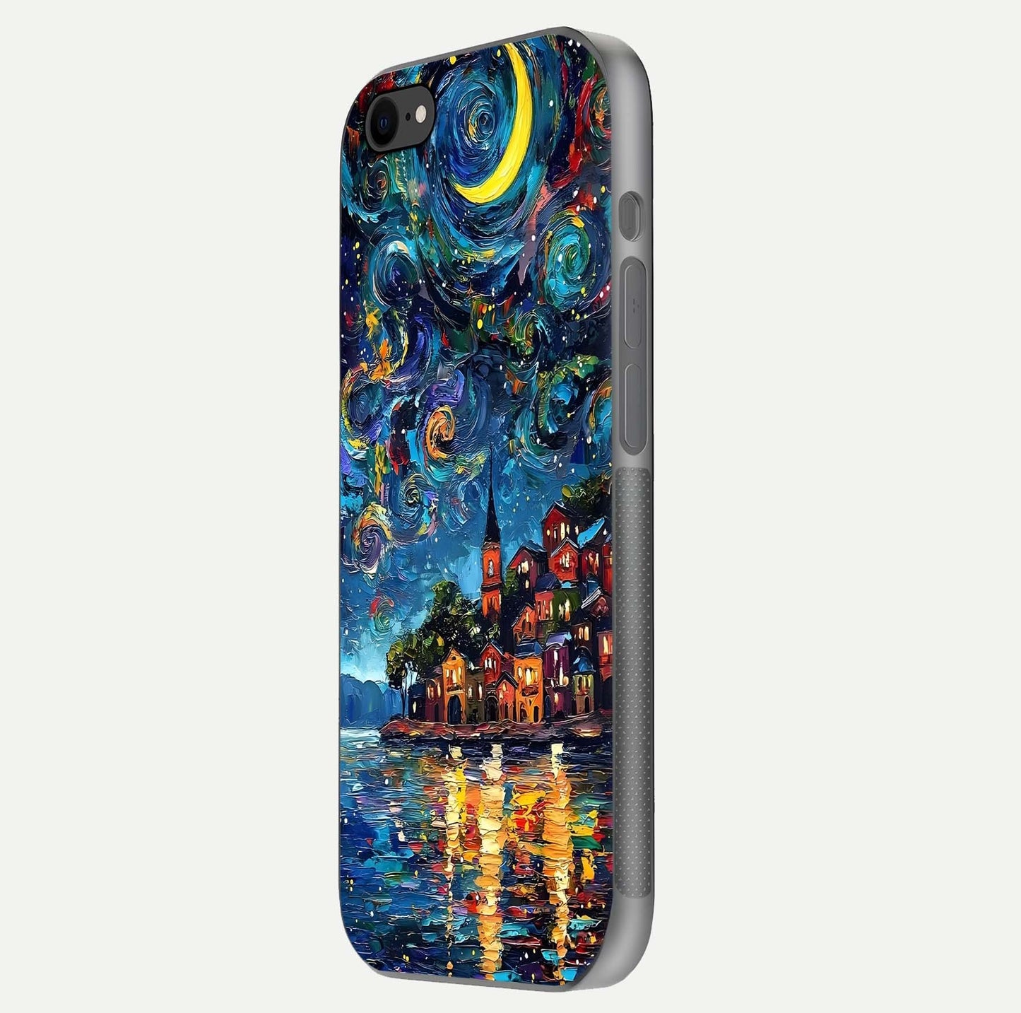 Moonlight Harbor Glow Glass Case for iPhone 7 side-angle image showing reflective surface and ocean tones
