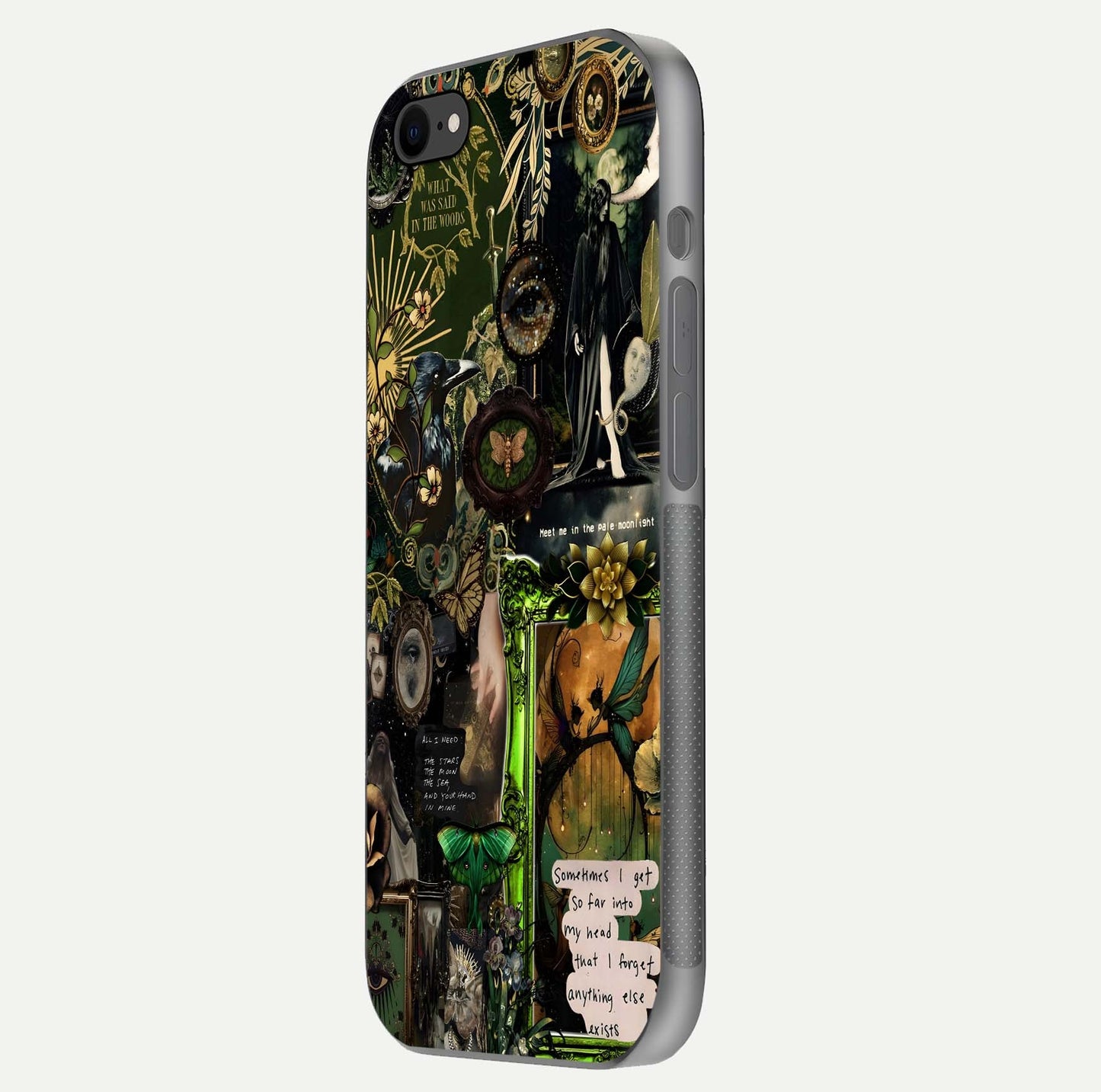 Mystic Woods Secret Glass Case for iPhone 7 side-angle image showing gloss reflection and forest pattern