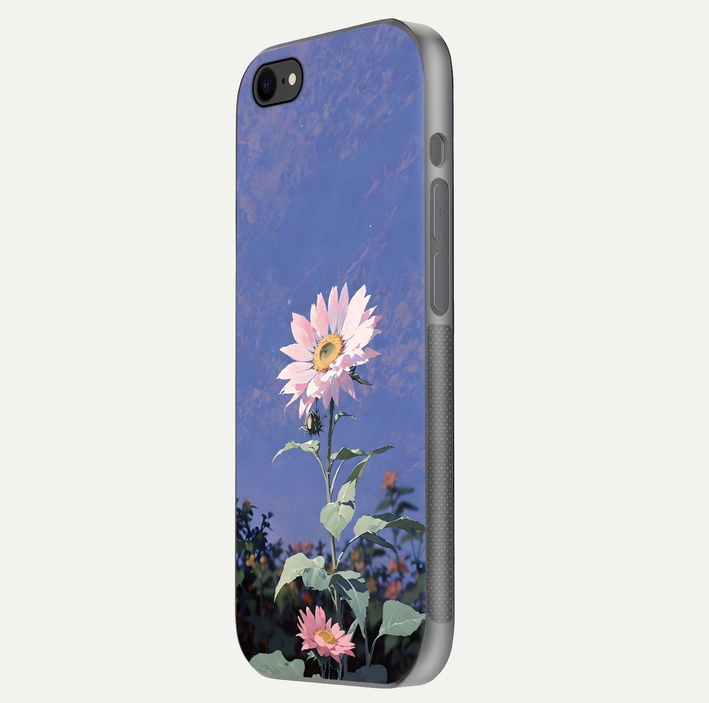 Pink Sunflower Glow Glass Case for iPhone 7 side-angle image showing glossy edges and vivid sunflower tones
