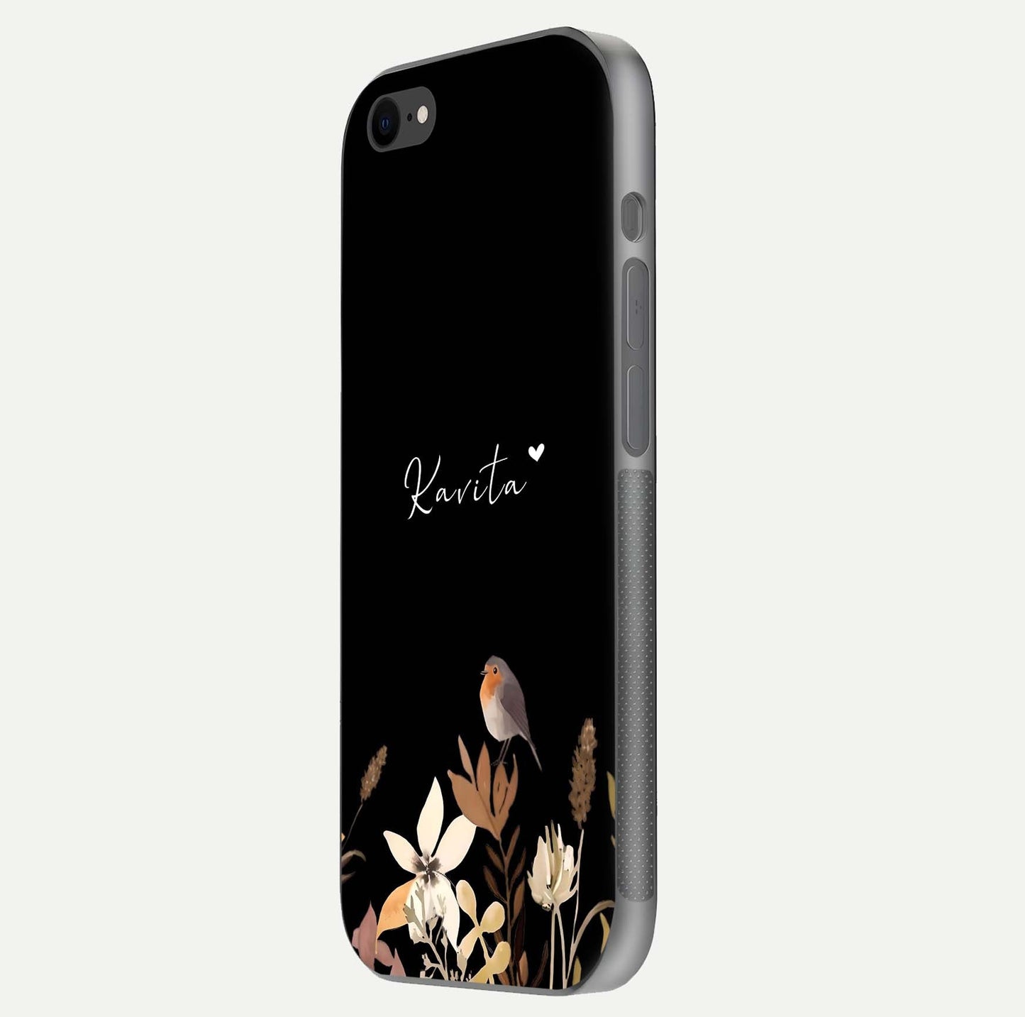 Quiet Garden Tune Custom Name Glass Case for iPhone 7 side-angle image showing reflection and floral design
