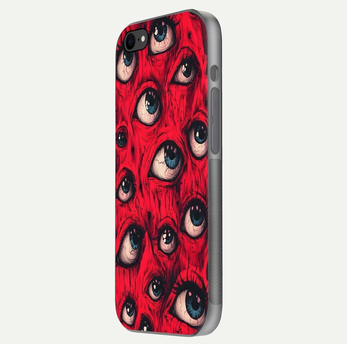 Red Eyes Pattern Glass Case for iPhone 7 side-angle image showing shine, detail, and red tone clarity