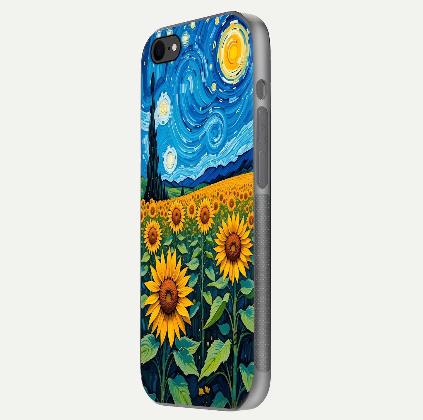 Starry Sunflower Dreams Glass Case for iPhone 7 side-angle image showing reflection, stars, and yellow tone