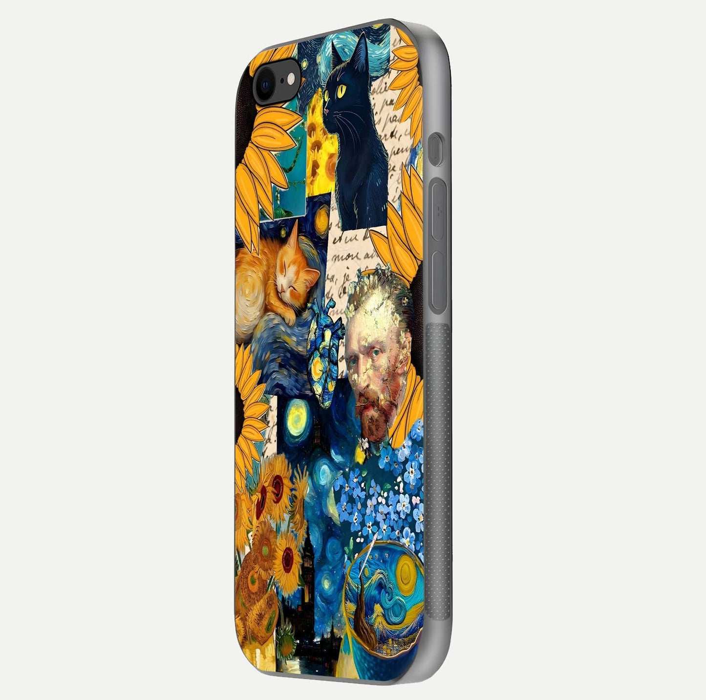 Sunflower Cat Art Glass Case for iPhone 7 side-angle image showing shine, edges, and sunflower texture