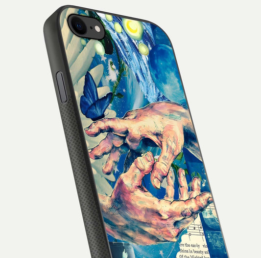 Aesthetic Divider Glass Case for iPhone 7 close-up angled shot showing detailed divider artwork and gloss reflection