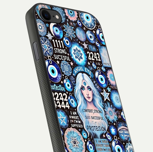 Angel Aura Shield Glass Case for iPhone 7 close-up view capturing aura glow, metallic tones, and shine texture
