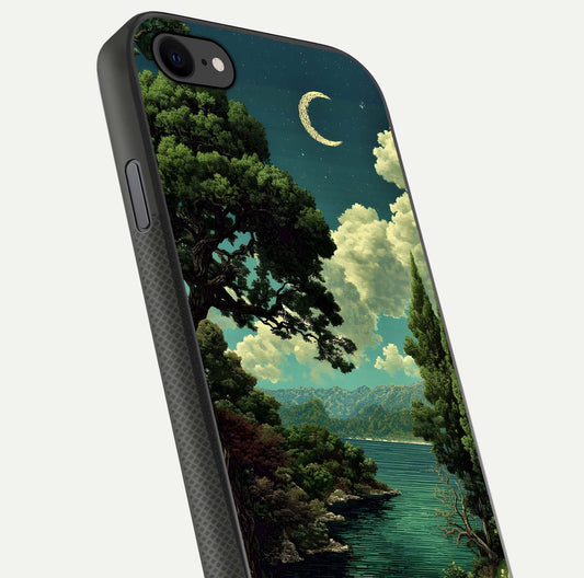 Celestial Lake Peace Glass Case for iPhone 7 close-up highlighting moon reflection and glossy texture