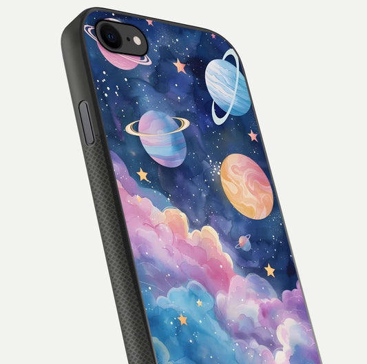 Cosmic Planet Dreams Glass Case for iPhone 7 close-up highlighting planetary details and reflection glow