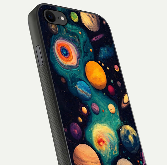 Cosmic Planet Journey Glass Case for iPhone 7 close-up highlighting planets, stars, and shine reflection