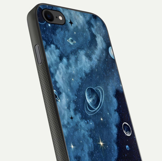 Galaxy Dream Space Glass Case for iPhone 7 close-up angled shot highlighting nebula details and reflection shine
