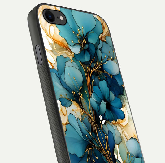Golden Bloom Symphony Glass Case for iPhone 7 close-up angled shot showing detailed petals and metallic gold reflection