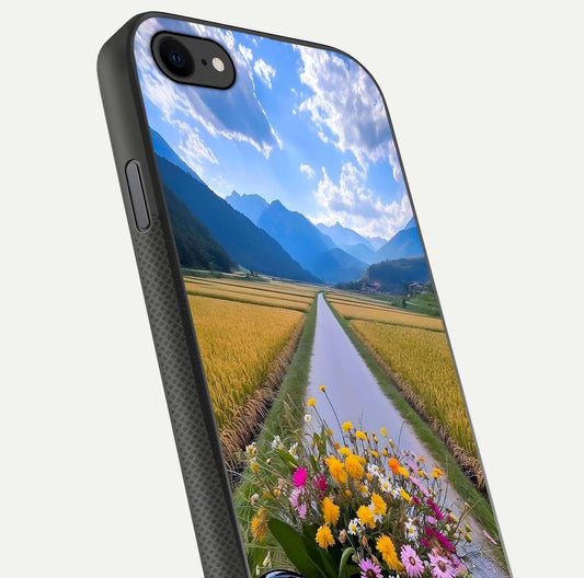 Golden Field Journey Glass Case for iPhone 7 close-up angled shot showing sunlight tones and reflection clarity