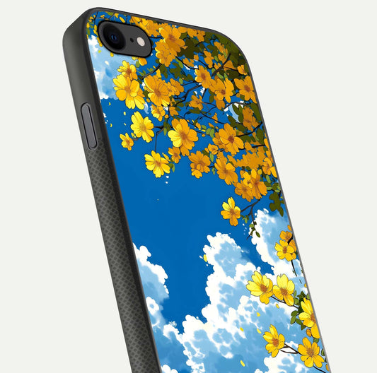 Golden Petal Sky Glass Case for iPhone 7 close-up angled shot showing petal texture and shine reflection