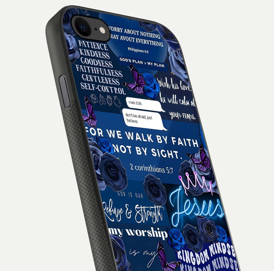 Kingdom Faith Glow Glass Case for iPhone 7 close-up angled shot showing luminous text and divine reflection